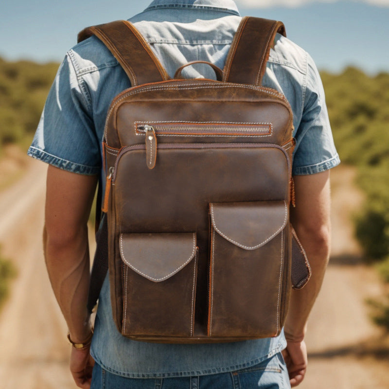 DEEPKEE Handcrafted Leather Commuter Cowhide Backpack #P3594BSD