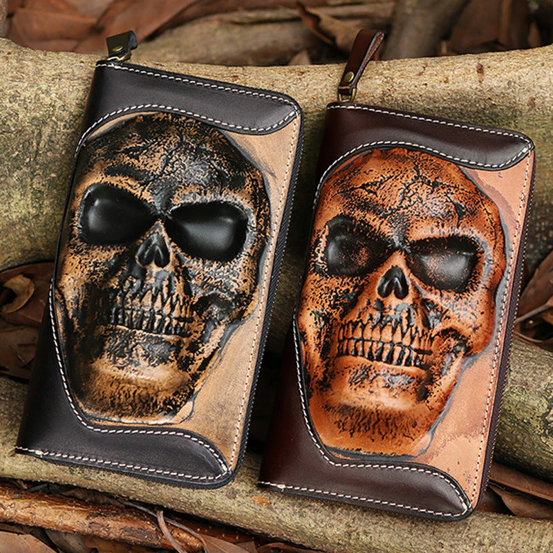 Handmade Leather Skull Death Tooled Long Wallet #5248