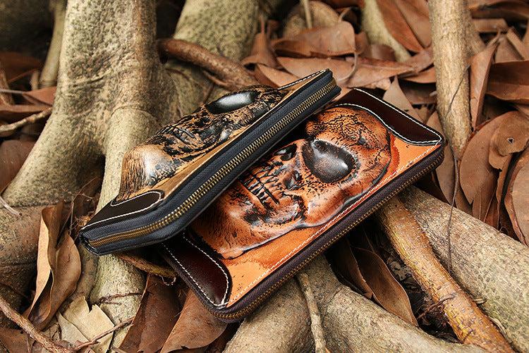 Handmade Leather Skull Death Tooled Long Wallet #5248