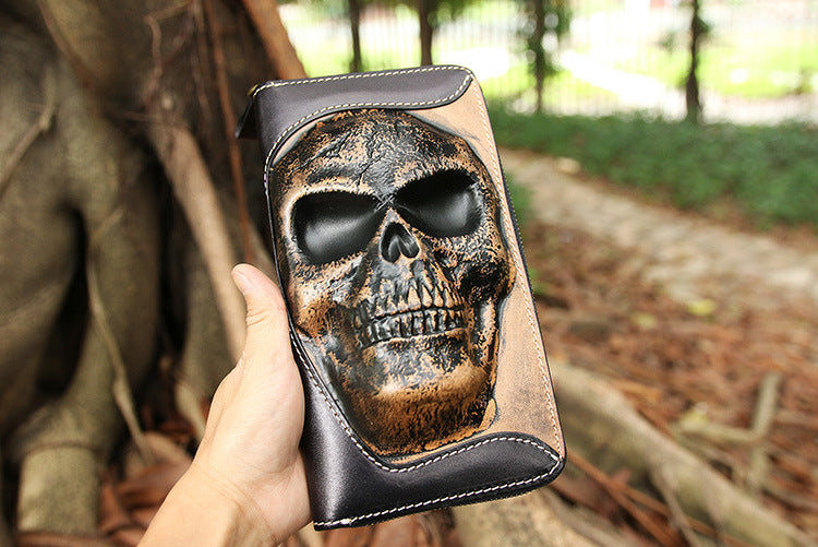 Handmade Leather Skull Death Tooled Long Wallet #5248