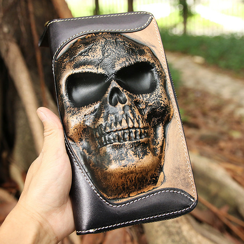 Handmade Leather Skull Death Tooled Long Wallet #5248