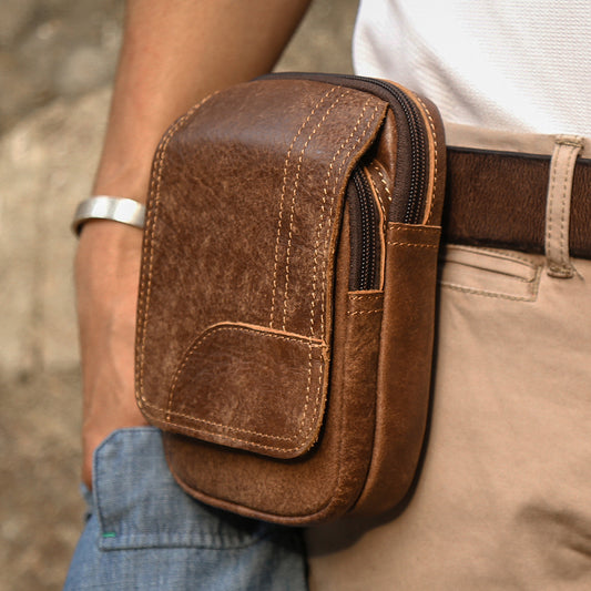 Leather Cowhide Frosted Brown Wear Belt Riding Site Work Waist Bag #6370