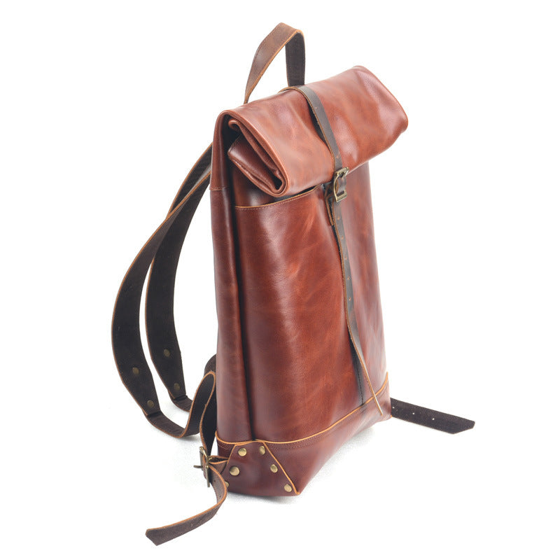 Deepkee Handmade Leather Outdoor Roll-Top Backpack #5141