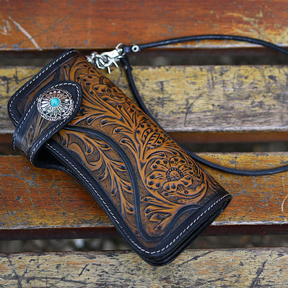 Deepkee Handmade Tooled Leather Floral Biker Wallet Chain 81665