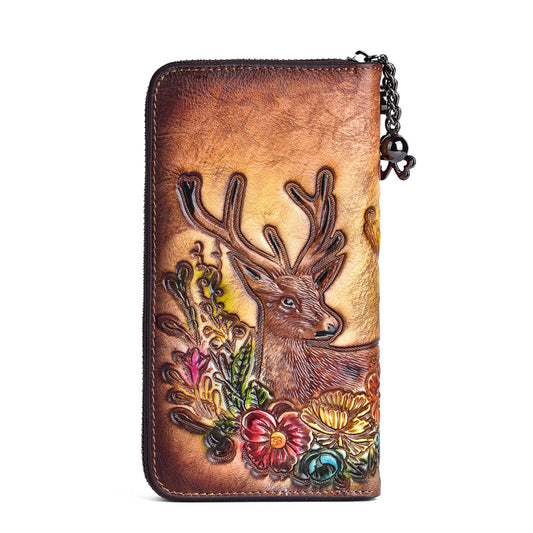 Deepkee Handmade embossed deer cowhide wallet clutch #88007