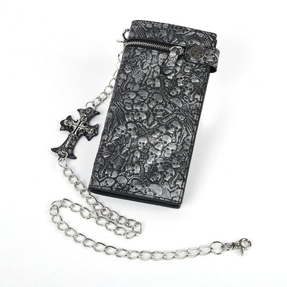 Studded Punk Religious Gothic Skulls Embossed Bifold Chain Wallet #579617