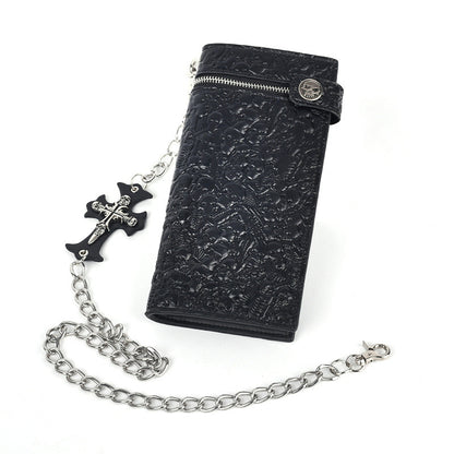 Studded Punk Religious Gothic Skulls Embossed Bifold Chain Wallet #579617