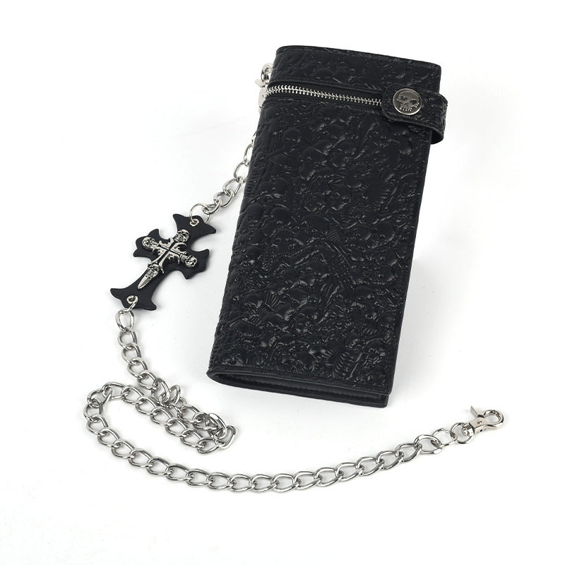 Studded Punk Religious Gothic Skulls Embossed Bifold Chain Wallet #579617