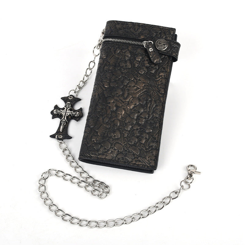 Studded Punk Religious Gothic Skulls Embossed Bifold Chain Wallet #579617