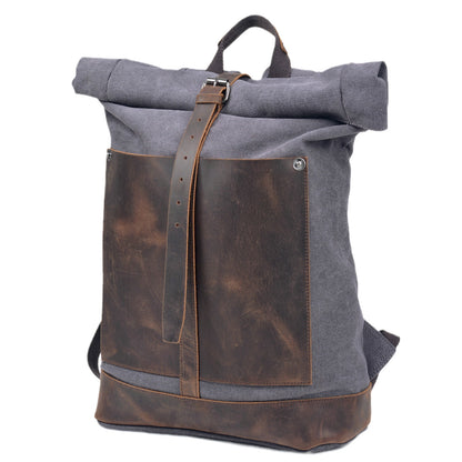 Deepkee®handmade Canvas&leather Roll Top Expansion Backpack No.5118