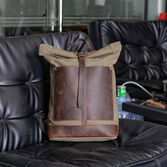 Deepkee®handmade Canvas&leather Roll Top Expansion Backpack No.5118