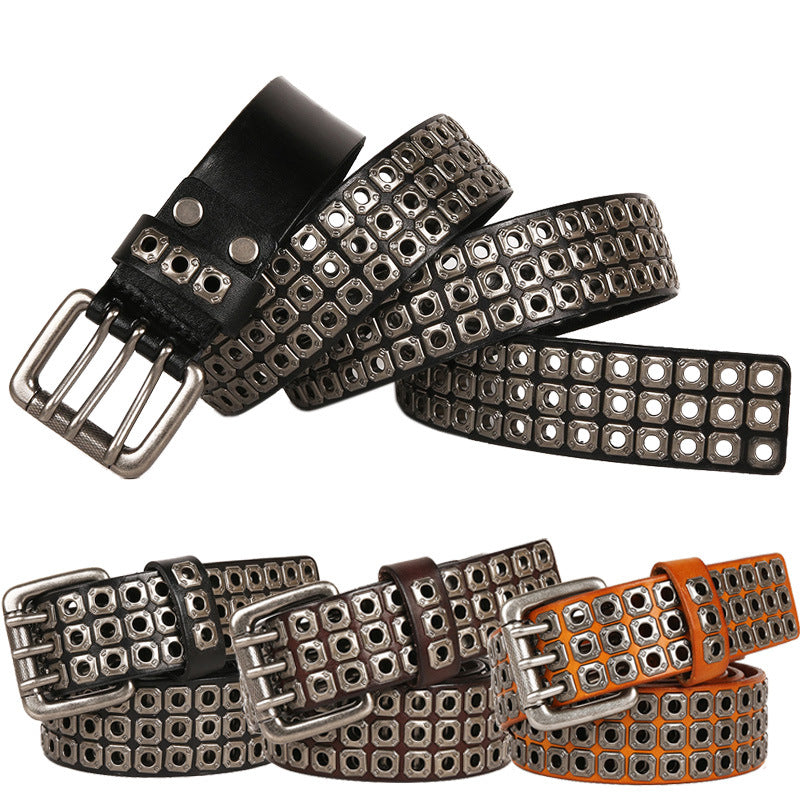 Punk Vapor Eye Hollowed Out Studded Cowhide Belt #210705