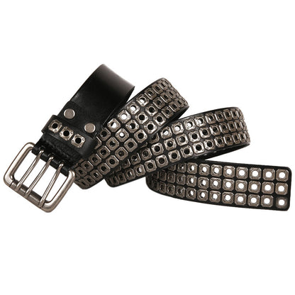 Punk Vapor Eye Hollowed Out Studded Cowhide Belt #210705