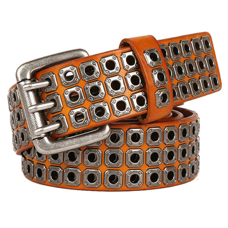 Punk Vapor Eye Hollowed Out Studded Cowhide Belt #210705