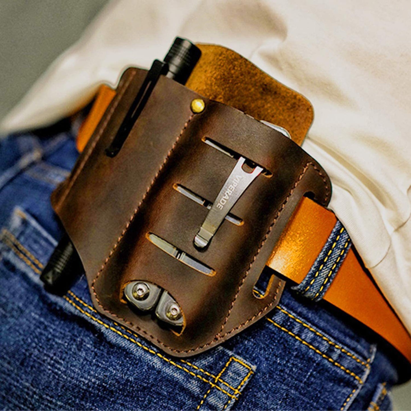 Leather Pocket Retro Flashlight Holster Knife Leather Belt Pouch Sheath Tactical Pen Holder #50263