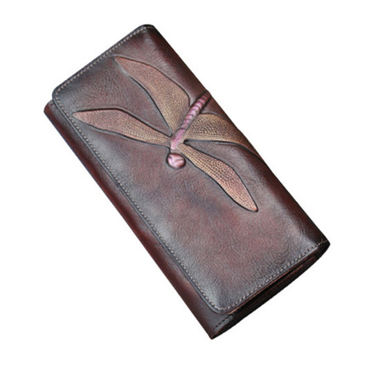 Deepkee Leather Carving Dragonflies Bifold Wallet #9630