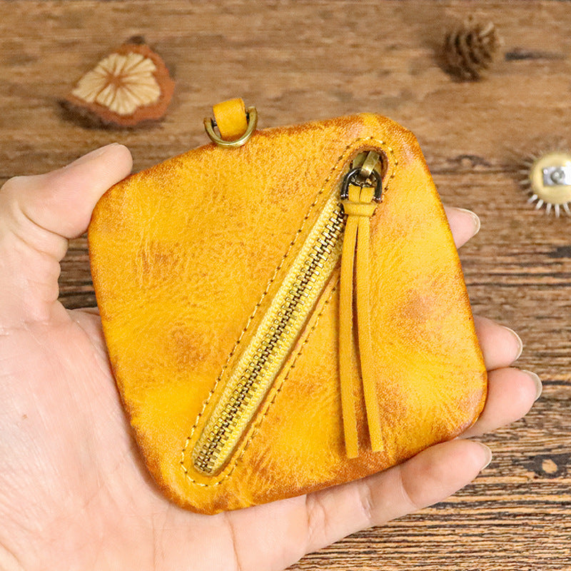 Cowhide vegetable tanned leather simple compact zipper coin purse organizer #SG123