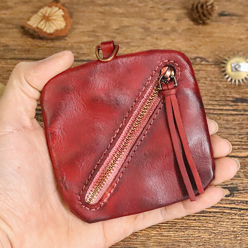 Cowhide vegetable tanned leather simple compact zipper coin purse organizer #SG123