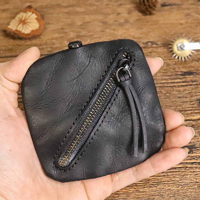 Cowhide vegetable tanned leather simple compact zipper coin purse organizer #SG123