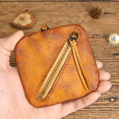 Cowhide vegetable tanned leather simple compact zipper coin purse organizer #SG123