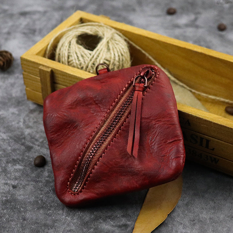 Cowhide vegetable tanned leather simple compact zipper coin purse organizer #SG123