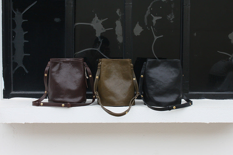 Vegetable Tanned Cowhide Leather Tote Bucket Bag #KM-019