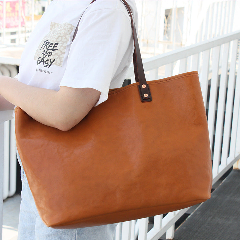 Vegetable Tanned Leather Cowhide Large Capacity Shopping Shoulder Bag KM-5276