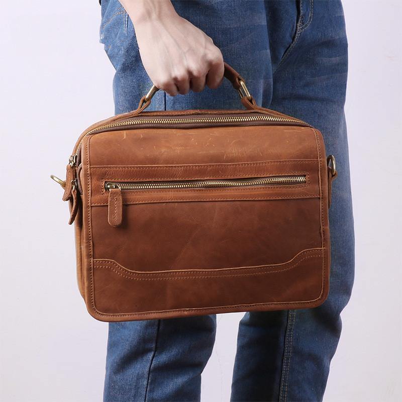 Small Brown Leather Briefcase Messenger Bag Work Vintage Handbag Shoulder Bag For Men