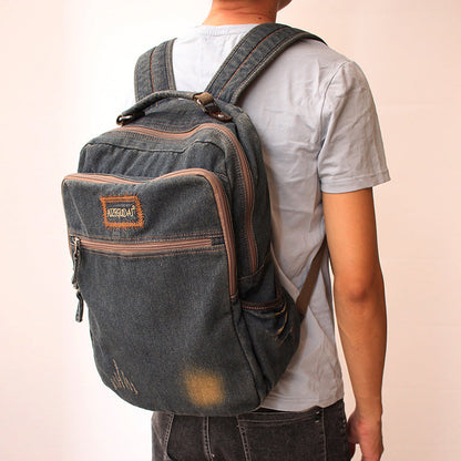 Vintage Denim Blue Mens Backpacks School Backpack Blue Denim Laptop Backpack For Men