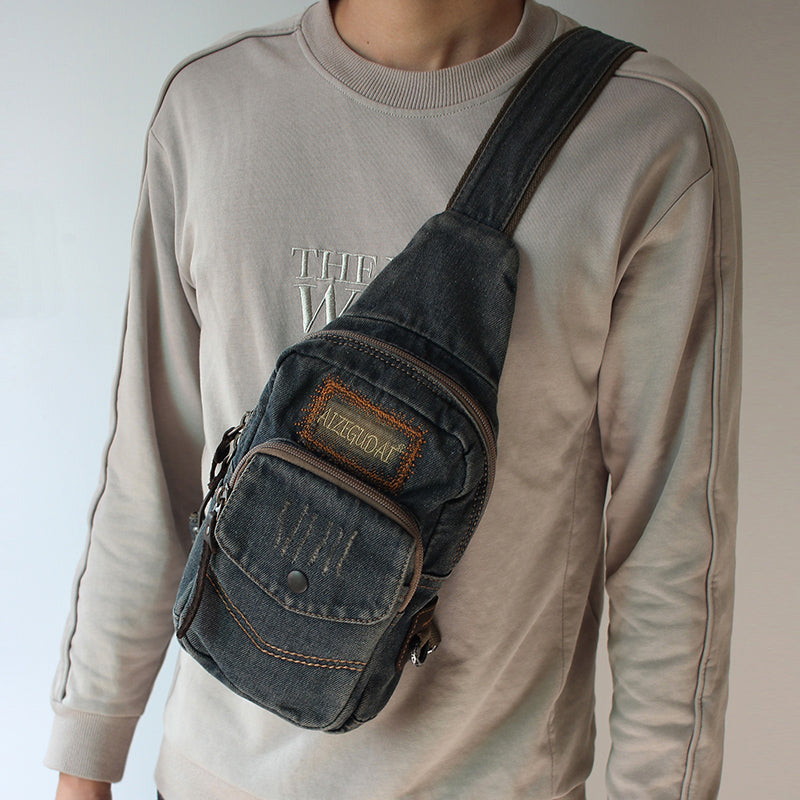 Vintage Blue Denim Mens Sling Bags Chest Bag Denim Cool Sling Bag For Men