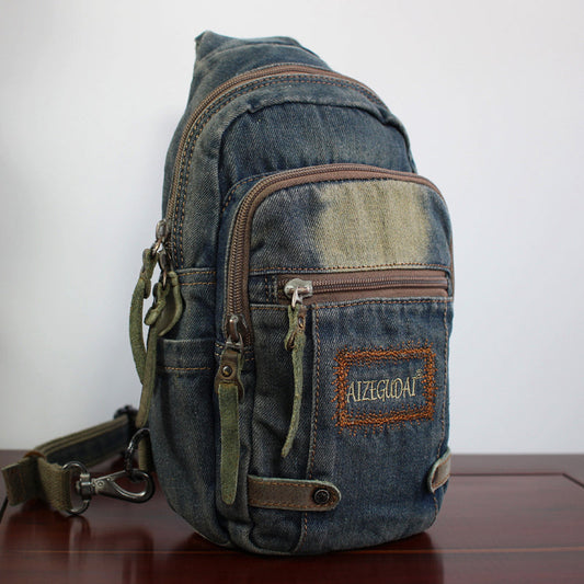 Cool Blue Denim Mens Sling Bag Chest Bag Vintage Denim Sling Bag For Men