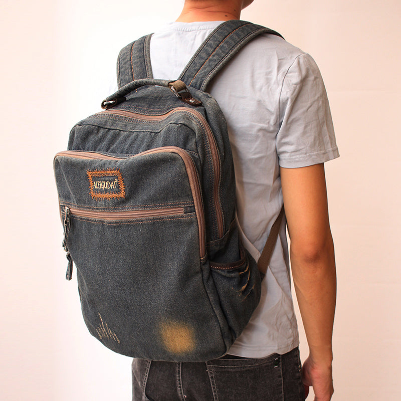 Vintage Denim Blue Mens Backpack School Backpack Blue Denim Laptop Backpack For Men