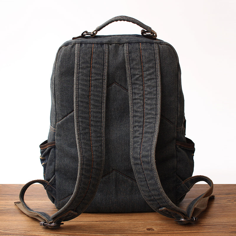 Vintage Denim Blue Mens Backpacks School Backpack Blue Denim Laptop Backpack For Men