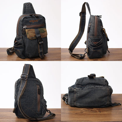 Vintage Blue Denim Mens Sling Bag Chest Bag Cool Blue Denim Sling Bag For Men