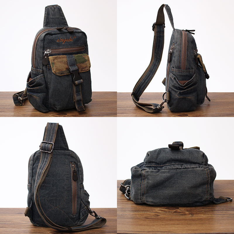 Vintage Blue Denim Mens Sling Bags Chest Bag Cool Blue Denim Sling Bag For Men