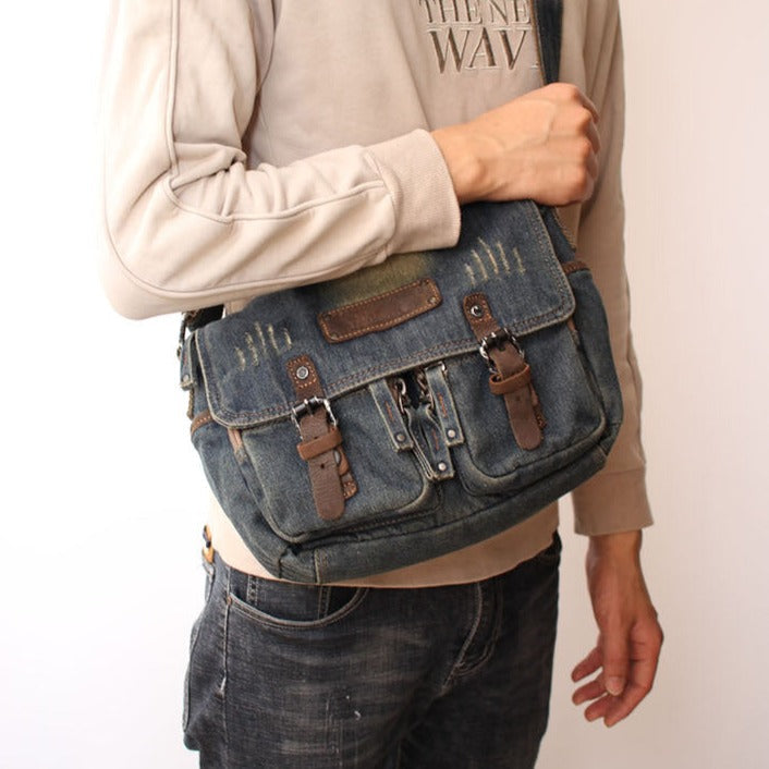 Blue Denim Mens Small Side Bag Denim Small Messenger Bag Vintage Denim Crossbody Bag For Women