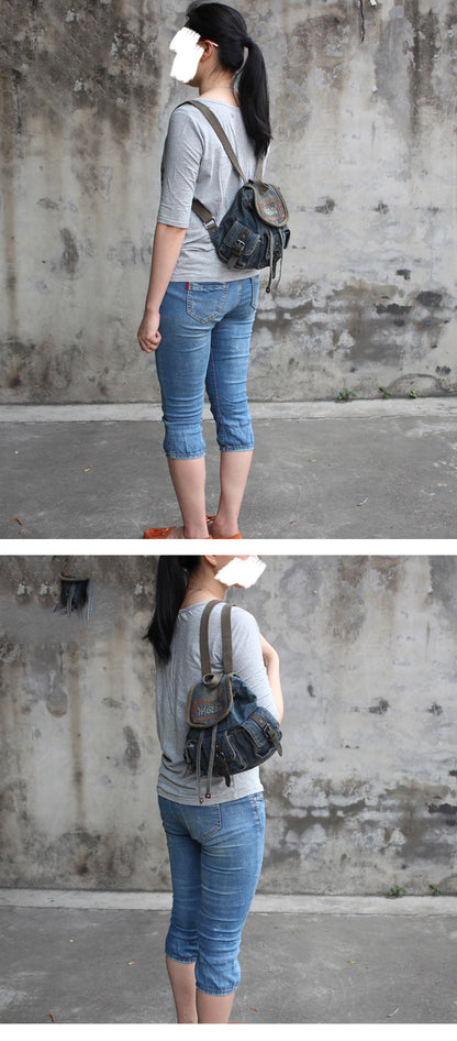 Vintage Denim Blue Womens Backpack School Backpack Blue Denim Laptop Backpacks For Womens