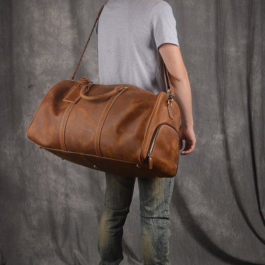 Cool Mens Leather Huge Weekender Bag Brown Duffle Bag Vintage Large Travel Bag for Men