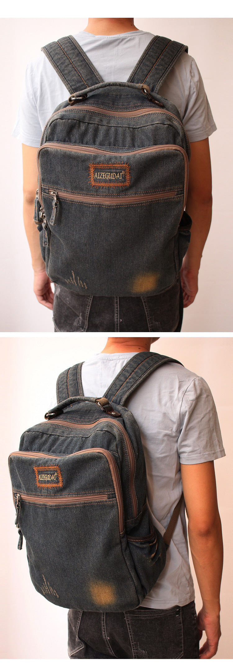 Vintage Denim Blue Mens Backpacks School Backpack Blue Denim Laptop Backpack For Men