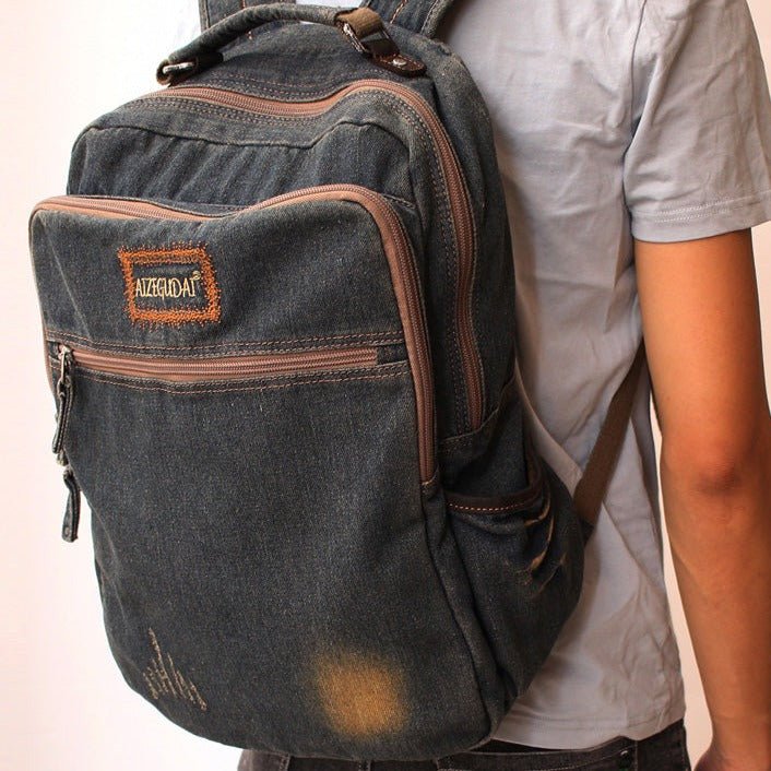 Vintage Denim Blue Mens Backpacks School Backpacks Blue Denim Laptop Backpack For Men