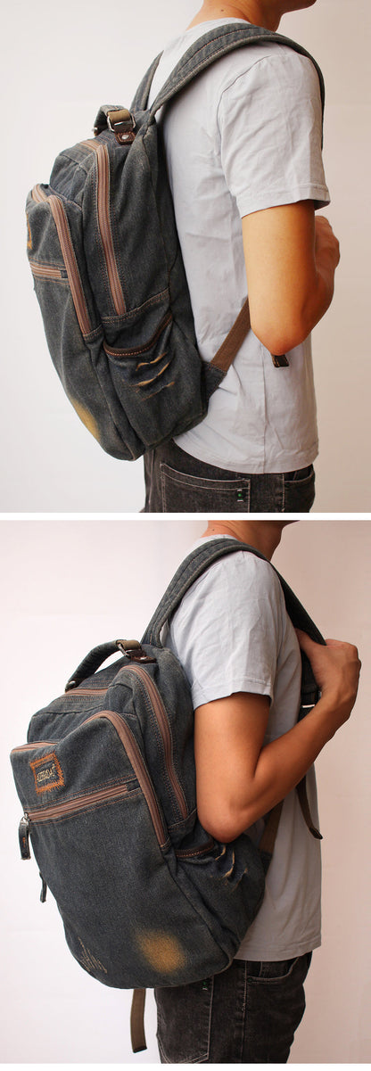 Vintage Denim Blue Mens Backpacks School Backpack Blue Denim Laptop Backpack For Men