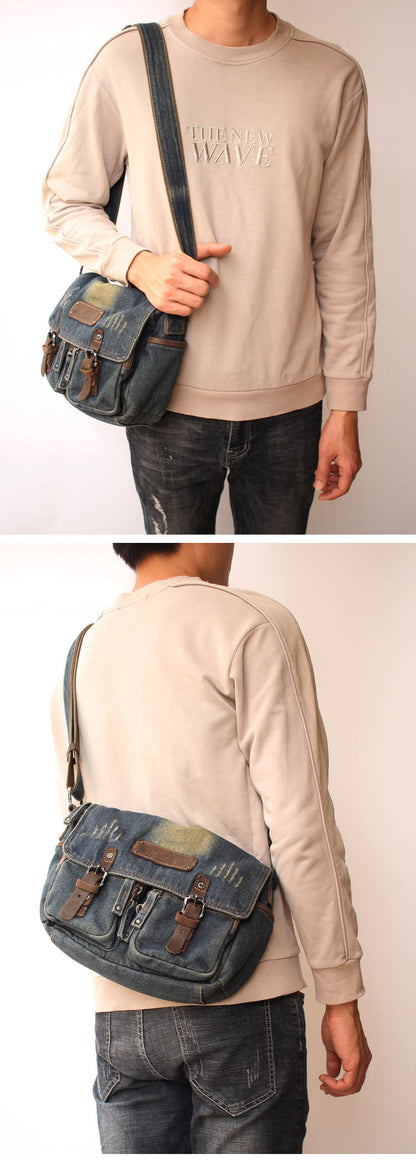 Blue Denim Mens Small Side Bag Denim Small Messenger Bag Vintage Denim Crossbody Bag For Women