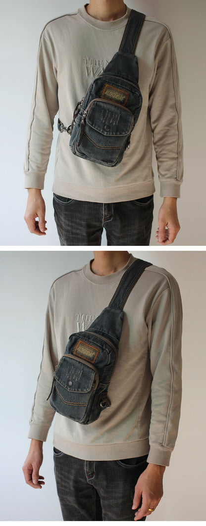 Vintage Blue Denim Mens Sling Bags Chest Bag Denim Cool Sling Bag For Men