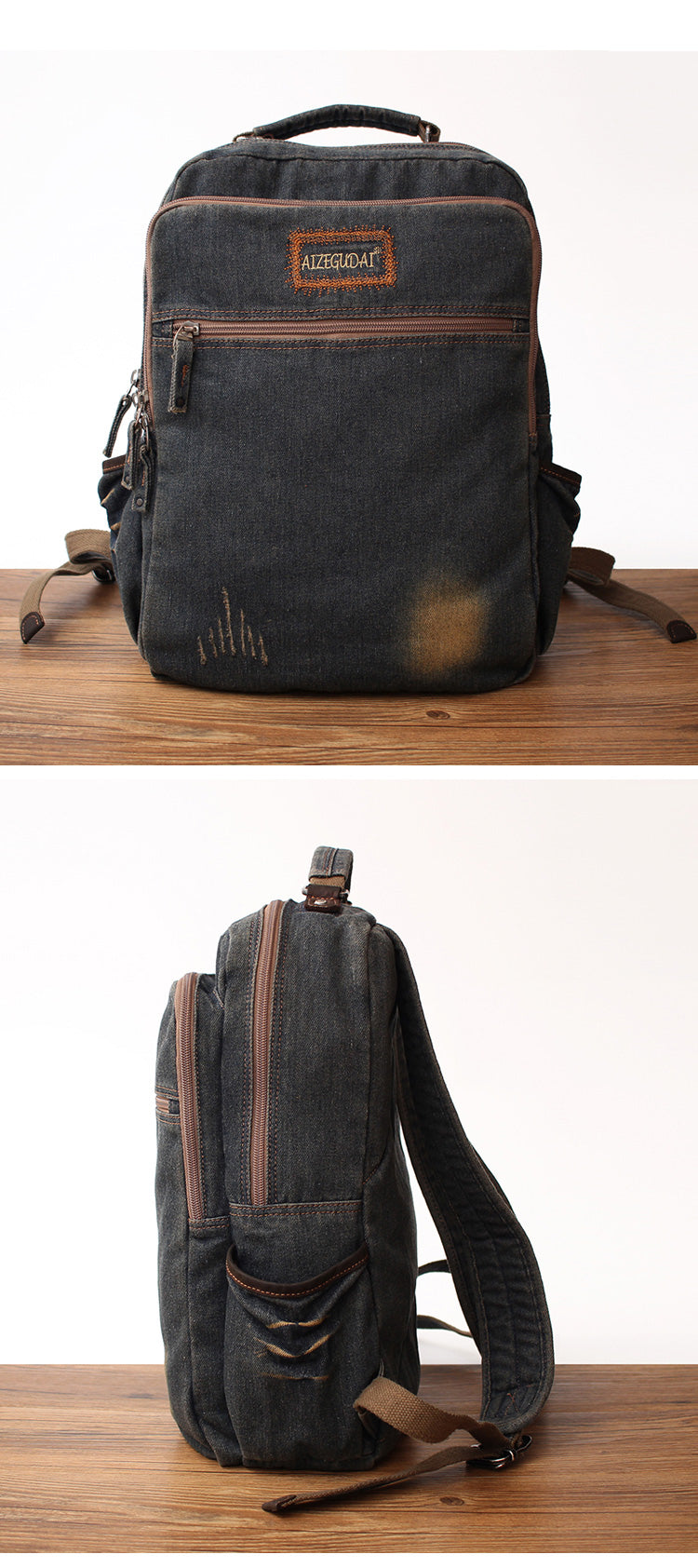 Vintage Denim Blue Mens Backpacks School Backpack Blue Denim Laptop Backpack For Men