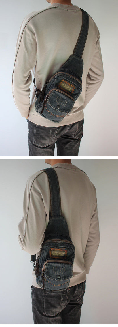 Vintage Blue Denim Mens Sling Bag Chest Bag Denim Cool Sling Bag For Men