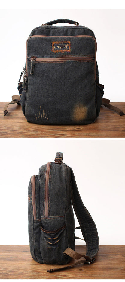 Vintage Denim Blue Mens Backpacks School Backpacks Blue Denim Laptop Backpack For Men