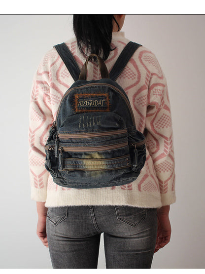 Denim Blue Womens Backpack School Backpacks Blue Vintage Denim Backpack For Women