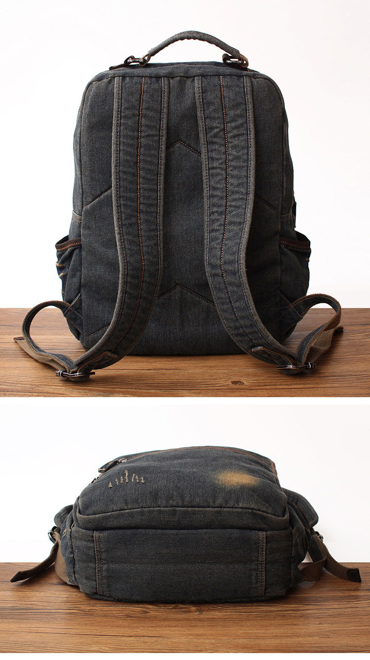 Vintage Denim Blue Mens Backpacks School Backpack Blue Denim Laptop Backpack For Men