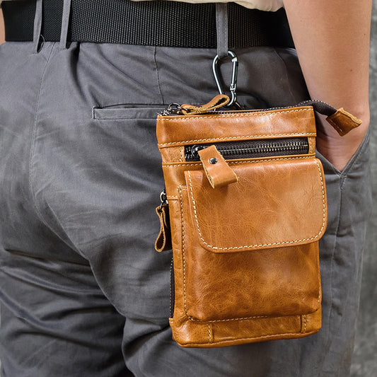 Yellow Brown Leather Belt Pouch Mens Shoulder Bag Waist Bag BELT BAG Cell Phone Holster For Men