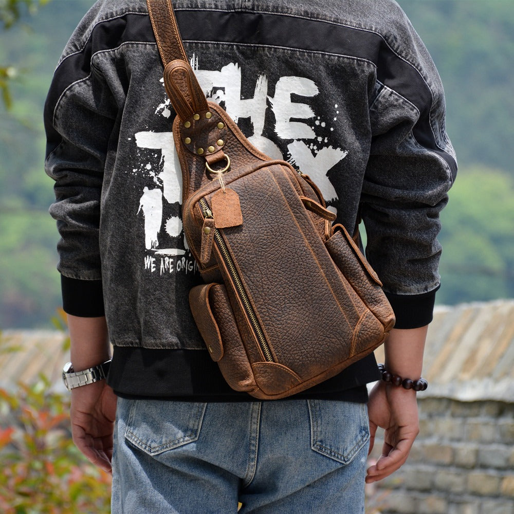 Brown Leather Men's Sling Bag Chest Bag Cool One shoulder Backpack For Men